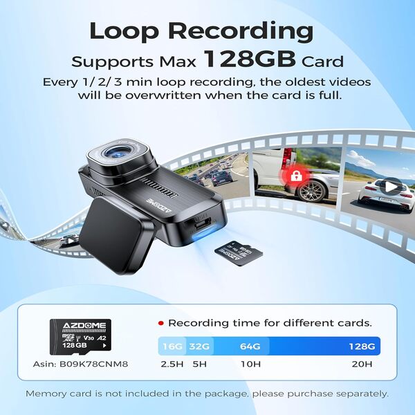 AZDOME M200 Mini Dash Cam 1080P Front Hidden Windshield Mount, 24H Parking Mode