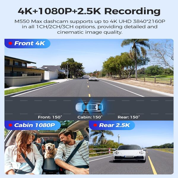 AZDOME M550 Max 3Channel Dash Cam 4K Front + 2.5K Rear + 1080P Cabin Camera