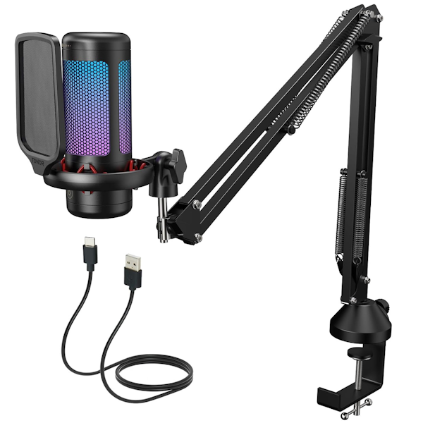 TONOR TC310+ USB Microphone Set with RGB Lighting, Boom Arm & Pop Filter