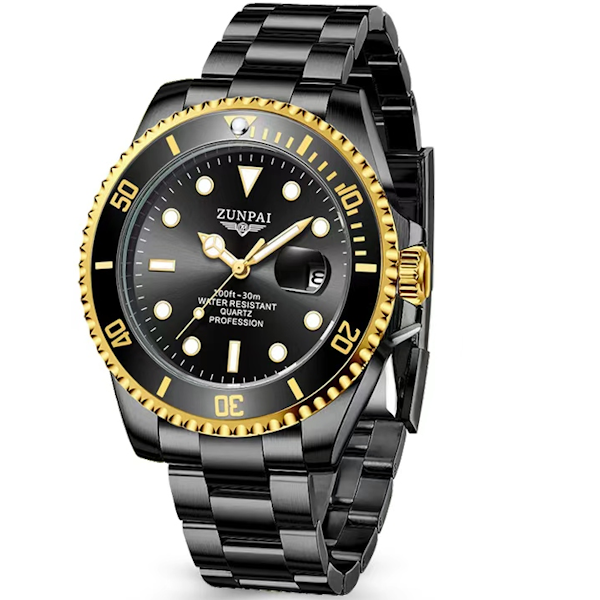 ZUNPAI Men's Luxury Waterproof Sports Stainless Steel Wristwatch - Black, Gold