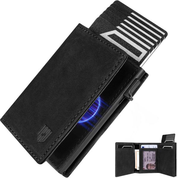 Dodensha (DDS) Pop-Up Aluminum RFID Trifold Leather Slim Wallet - Black silver