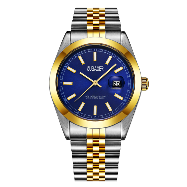 Oubaoer Men's Luxury Quartz Wristwatch - Stainless Steel with Date Display Silver-Gold, Dark Blue