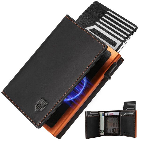 Dodensha (DDS) Pop-Up Aluminum RFID Trifold Leather Slim Wallet - Black, Orange