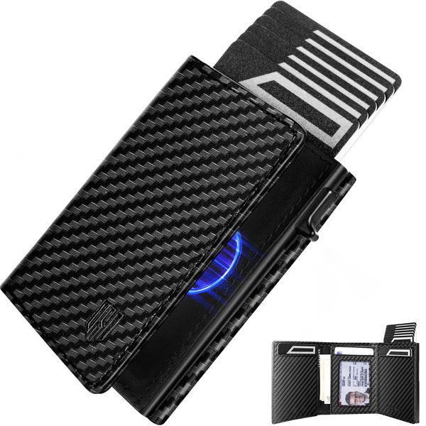 Dodensha (DDS) Pop-Up Aluminum RFID Trifold Leather Slim Wallet - Black, Carbon