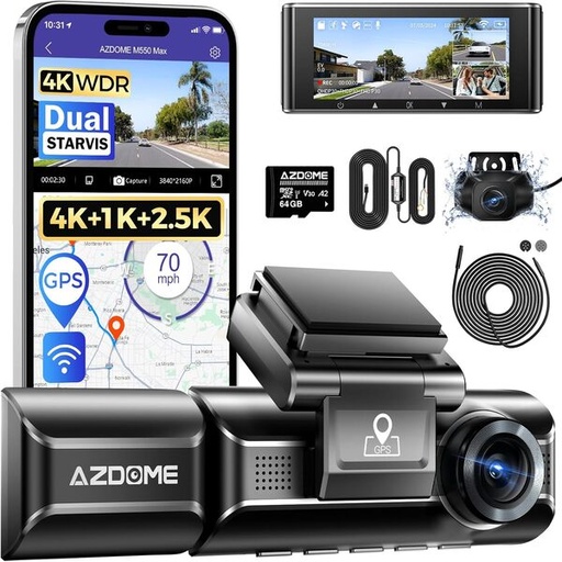 [7063] AZDOME M550 Max 3Channel Dash Cam 4K Front + 2.5K Rear + 1080P Cabin Camera