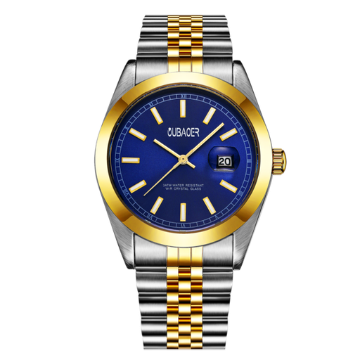 [7462] Oubaoer Men's Luxury Quartz Wristwatch - Stainless Steel with Date Display Silver-Gold, Dark Blue