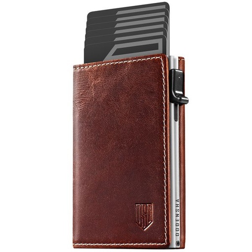 [7476] Dodensha (DDS) Pop-Up Aluminum RFID Trifold Leather Slim Wallet - Brown, Silver