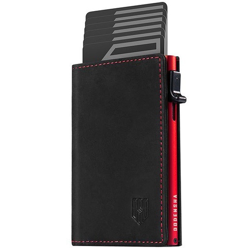[7477] Dodensha (DDS) Pop-Up Aluminum RFID Trifold Leather Slim Wallet - Black, Red