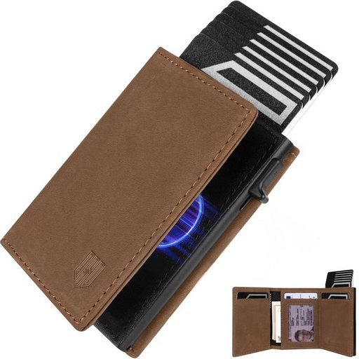 [7479] Dodensha (DDS) Pop-Up Aluminum RFID Trifold Leather Slim Wallet - Brown